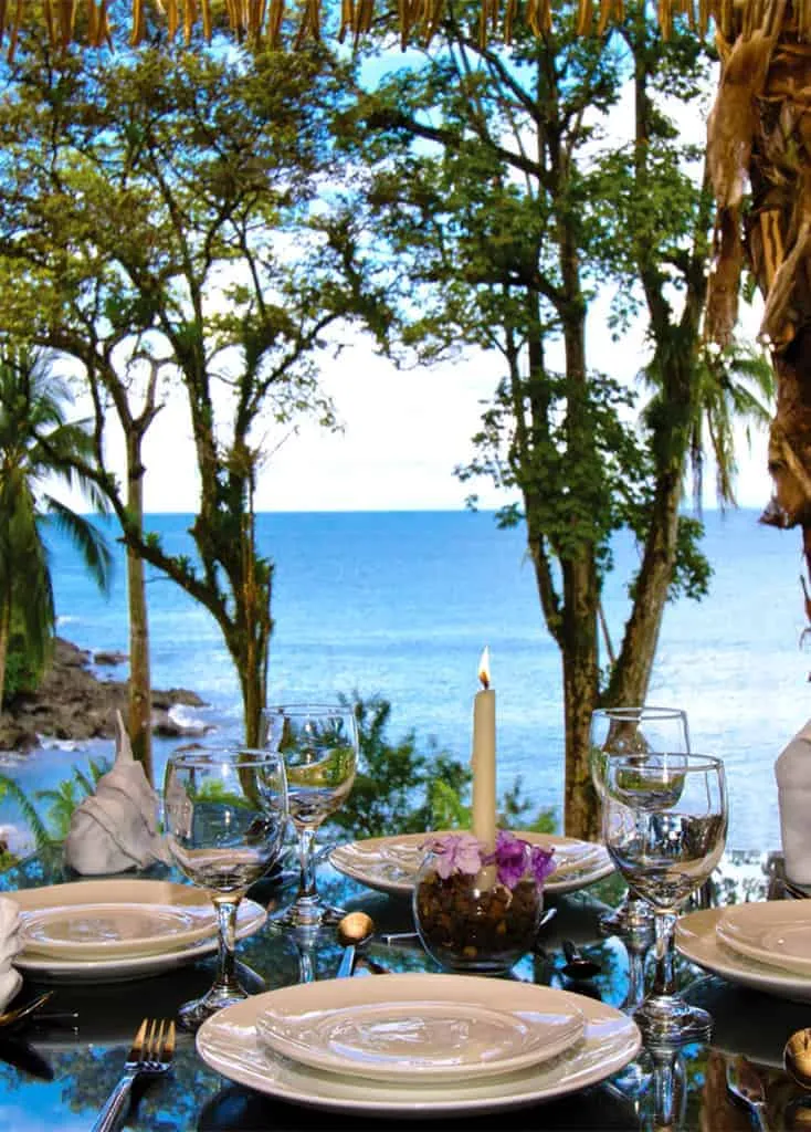 A table with a view of the ocean Drake Bay Costa Rica.