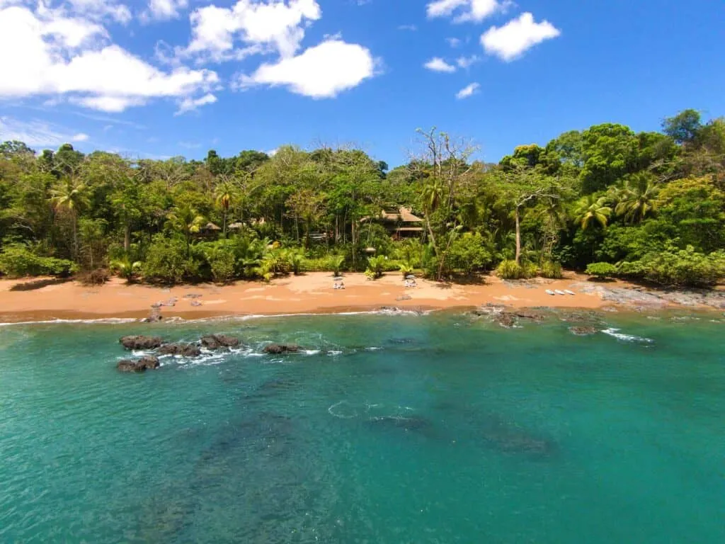An aerial view of a beach in the rainforest.