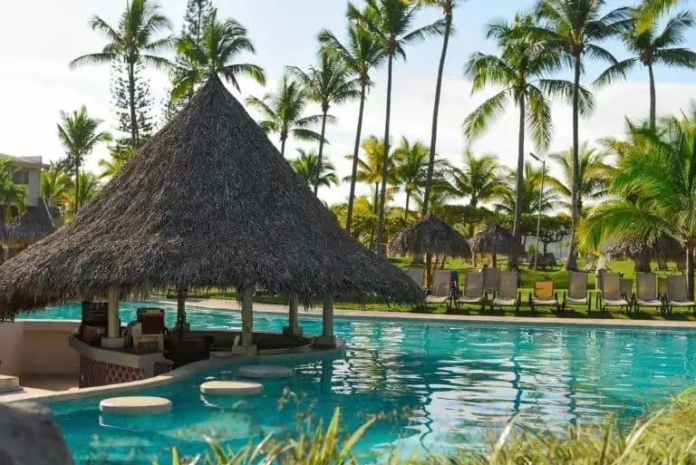 Thatched-roof bar in the center of a swimming pool, surrounded by palm trees and sun loungers, in a tropical resort setting.