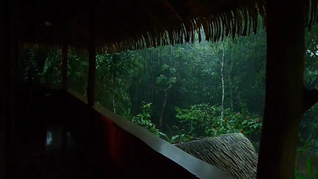 The image shows a dark, covered terrace overlooking a lush, green rainforest during a heavy rainstorm, with water pouring off the roof edge—a typical scene capturing the dramatic weather in Costa Rica.
