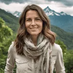 Woman with long brown hair and a scarf, standing outdoors with mountain peaks and greenery in the background.