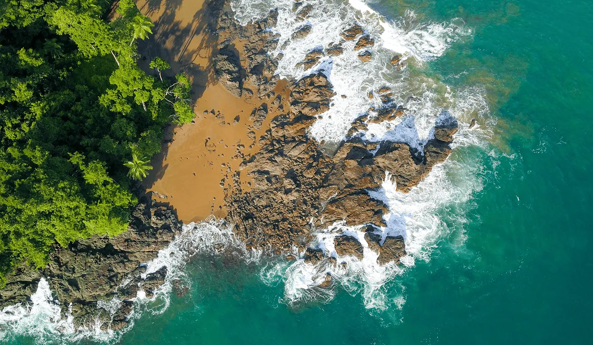Aerial view of a rocky coastline with lush green trees to the left and turquoise ocean waves crashing onto a small sandy beach on the right, an online exclusive deal for nature’s stunning embrace.