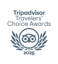 Tripadvisor Travelers' Choice Awards 2025 logo featuring an owl icon within a laurel wreath—now highlighted in our Online Exclusive Deal.