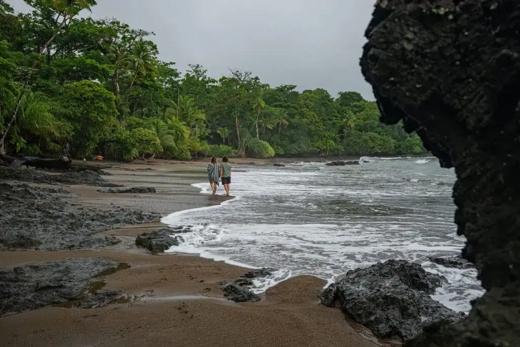 Two people walk along a rocky, tree-lined beach with gentle waves under an overcast sky.