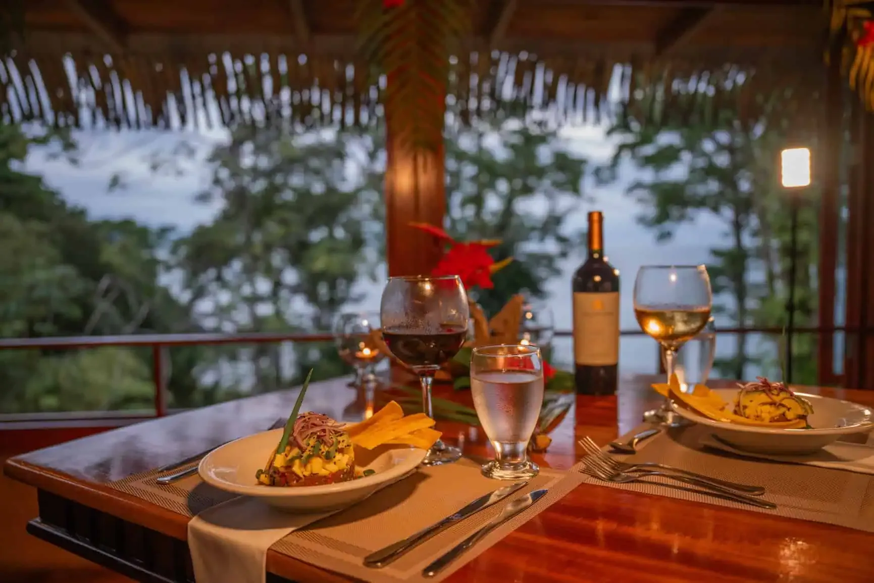 A set dining table with plates of food, glasses of water and wine, and a bottle of wine, overlooking a lush, tropical outdoor view.