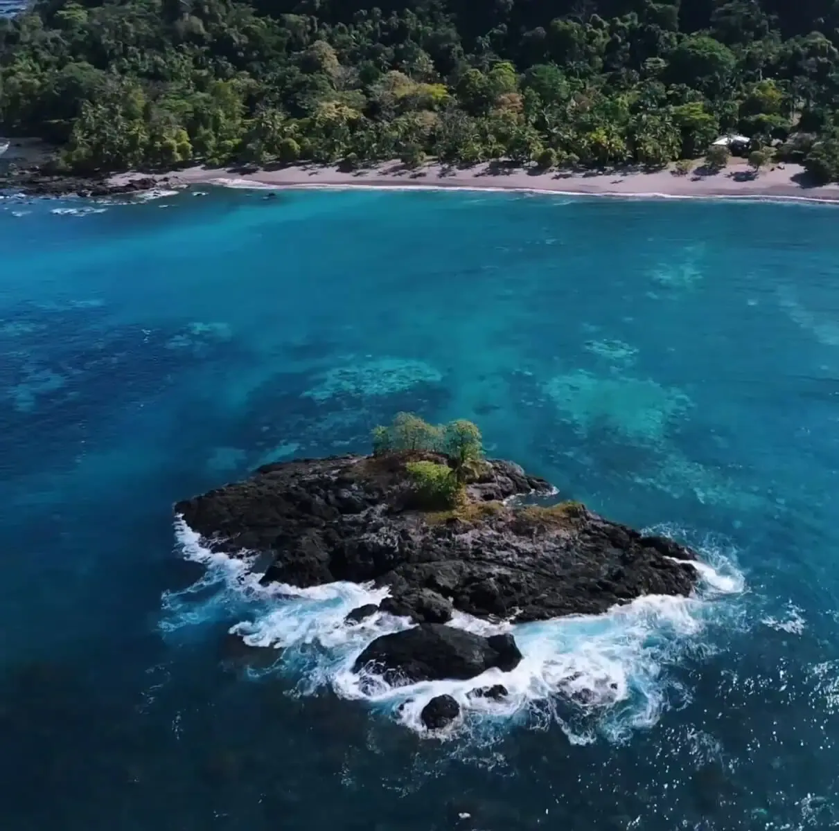 Small rocky island with sparse vegetation surrounded by blue ocean water, positioned near a larger forested coastline with a sandy beach.