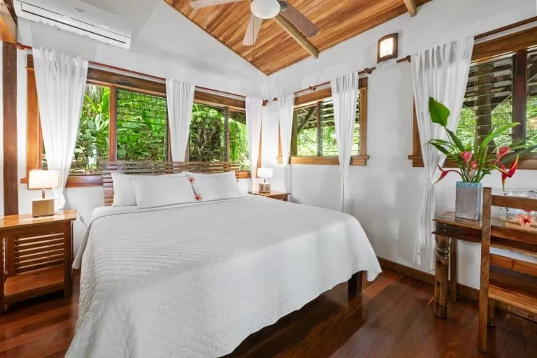 Bright bedroom with a white quilted bed, wooden furniture, large windows with white curtains, and potted plants, featuring a ceiling fan and hardwood floors.