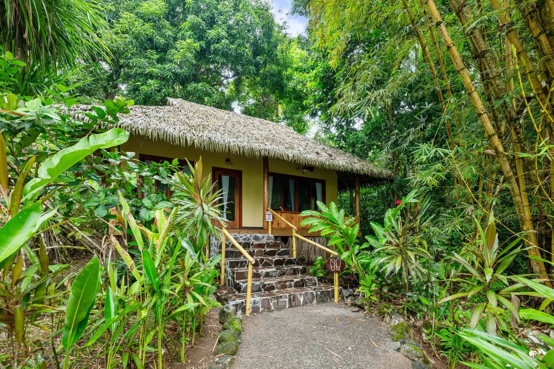 A small thatched-roof bungalow with a front porch is surrounded by dense green tropical plants and trees.