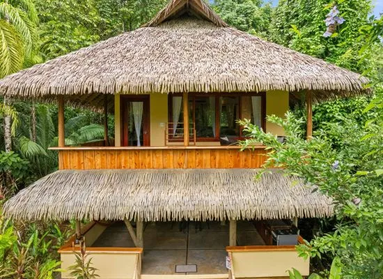 Two-story house with thatched roofs, wooden balcony, and surrounded by lush tropical vegetation. The upper level has large windows and the lower level has a shaded open area.