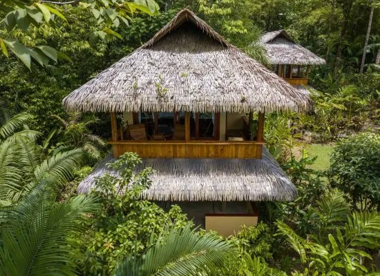 A thatched-roof hut surrounded by lush greenery, featuring an open front area with wooden furniture and an upper-level balcony. Another similar hut is visible in the background.