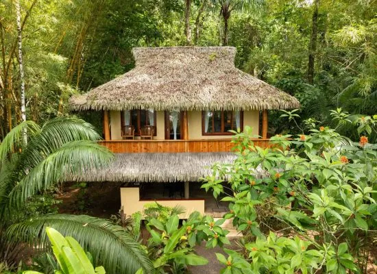 A two-story house with a thatched roof is surrounded by lush tropical vegetation. The upper floor has a balcony with chairs.